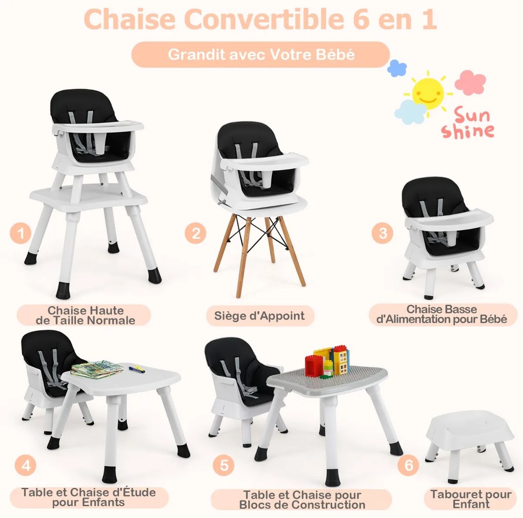 Cadeira alta para bebê 6 em 1 com cinto de 5 pontos e bandeja removível - colorida