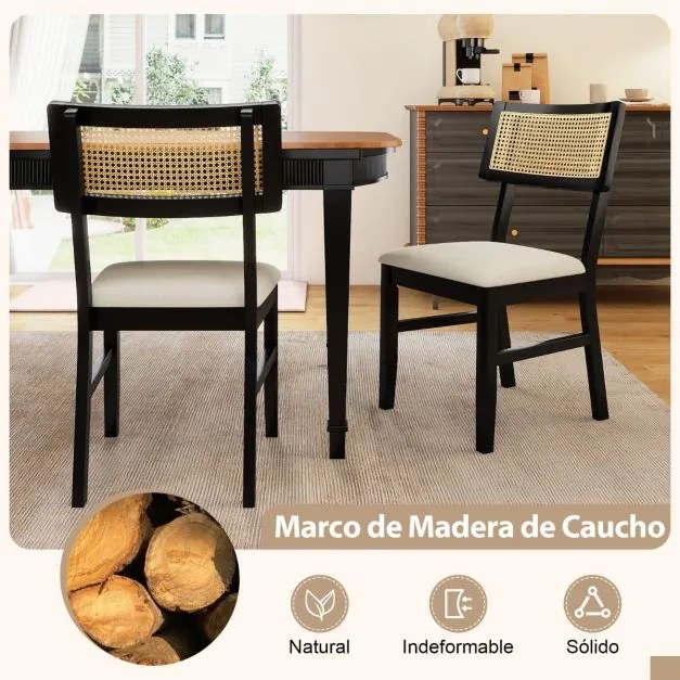 Conjunto de 2 cadeiras de jantar em rattan para cozinha, tecido acolchoado, pernas em madeira, encosto curvo, estilo rústico, preto e bege