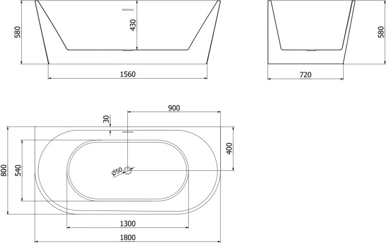 Mexen Oval banheira independente encostada 180 x 80 cm, branca, transbordo preto - 52671808000-70