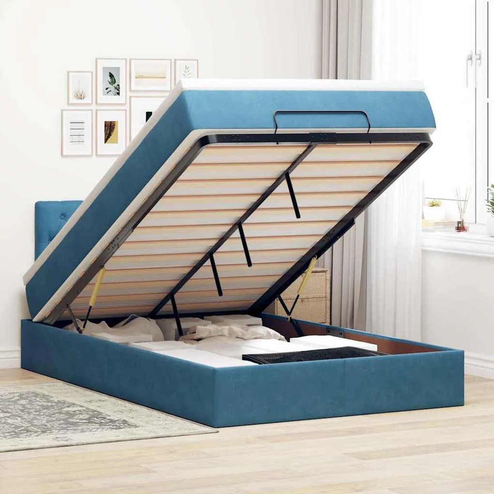 Cama otomana com colchão &amp; LEDs 120x190cm veludo azul-escuro