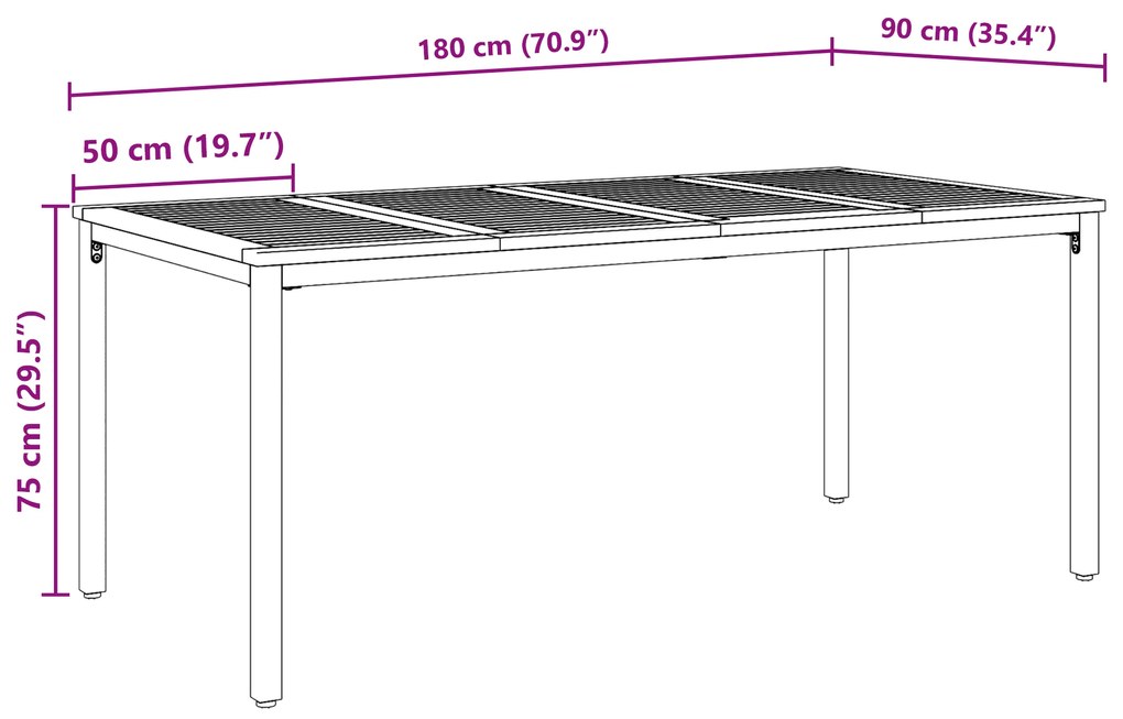 Mesa de Jardim vidaXL 180x90x75 cm em Madeira de Acácia Sólida e Metal