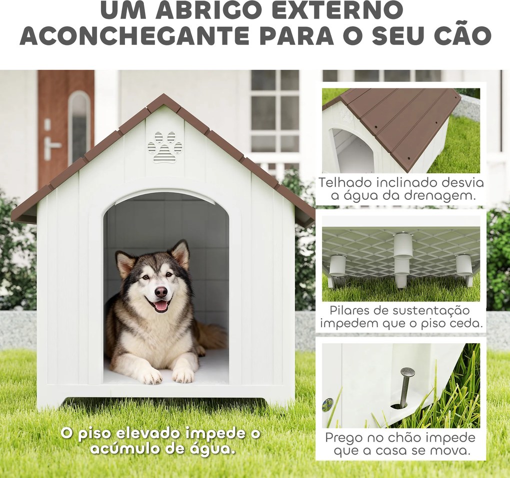 Casota para Cães de Exterior em Plástico com 2 Janelas, Base Elevada, Estacas Castanho Escuro