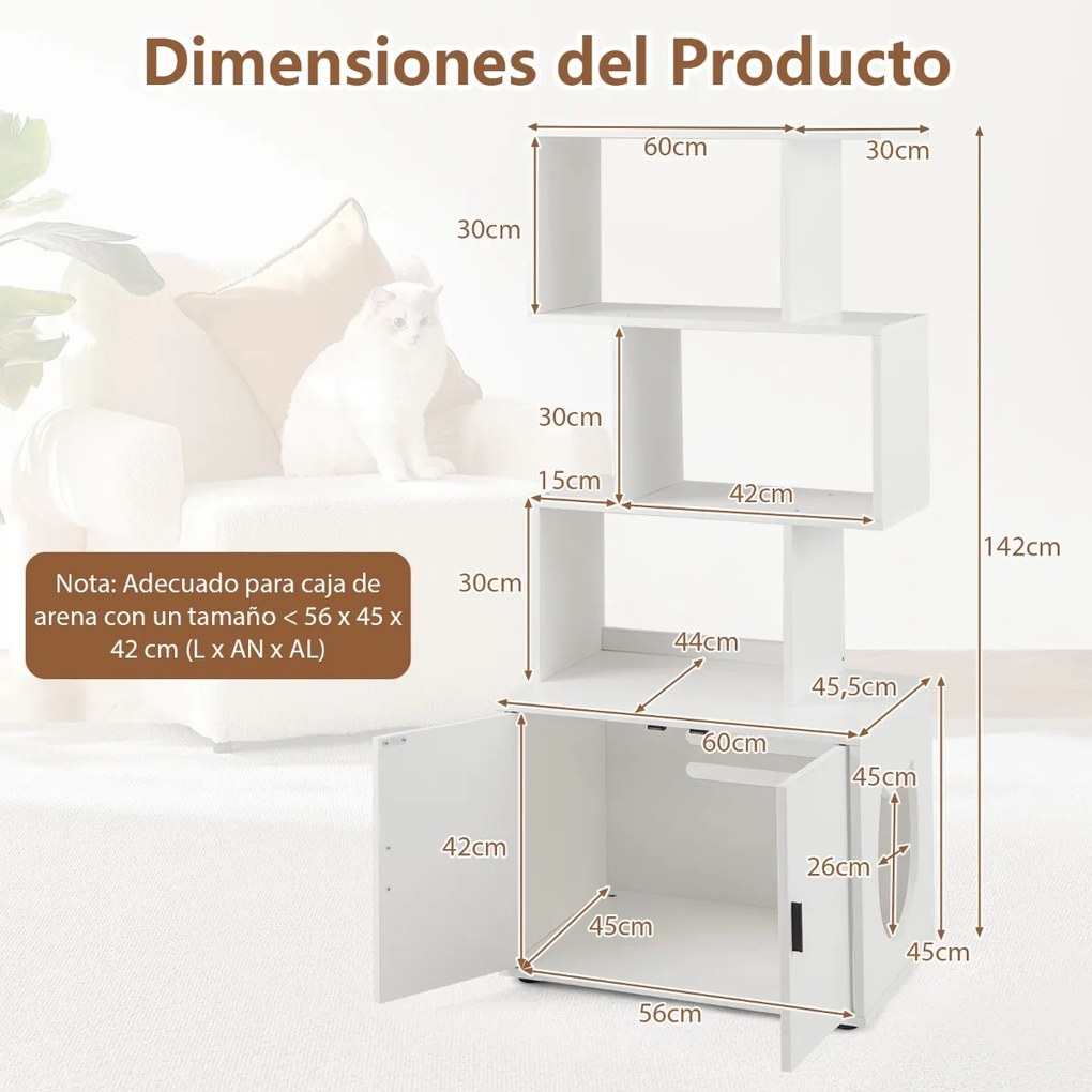 Móvel de caixa areira oculta para gatos com 3 prateleiras abertas, entrada lateral e portas 60 x 45,5 x 142 cm Branco