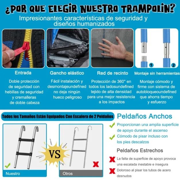 Trampolim para exterior com cesto Basquetebol 366 cm, carga máxima 180 kg, 72 molas, rede de segurança Azul