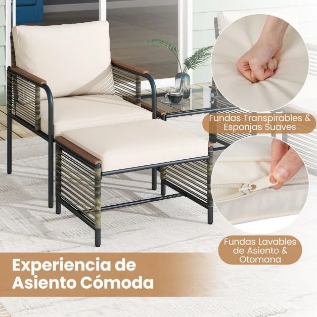 Conjunto de jardim 5 peças Rattan com Almofadas 2 Pufes Mesa de Vidro temperado Bege