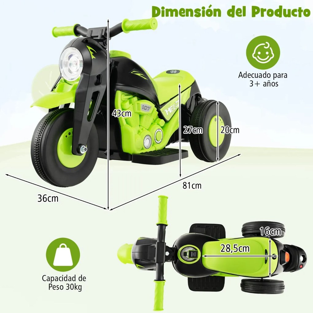 Mota elétrica infantil com farol LED Função Bolhas 30kg Verde