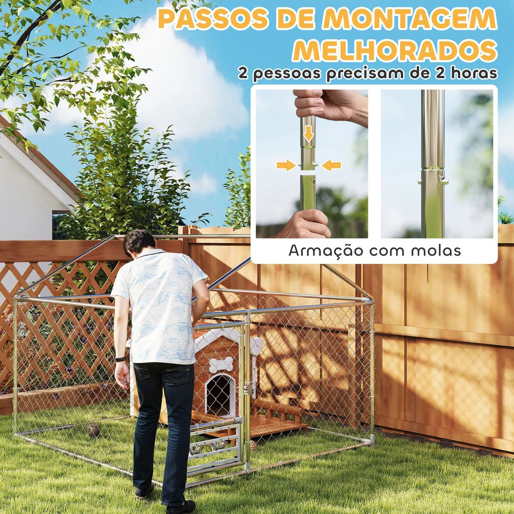 Canil Exterior com Toldo 2x2x1,54 m para Cães (CASOTA NÃO INCLUIDA) em Aço Galvanizado com Suporte para Comida Giratório e Ajustável Prata