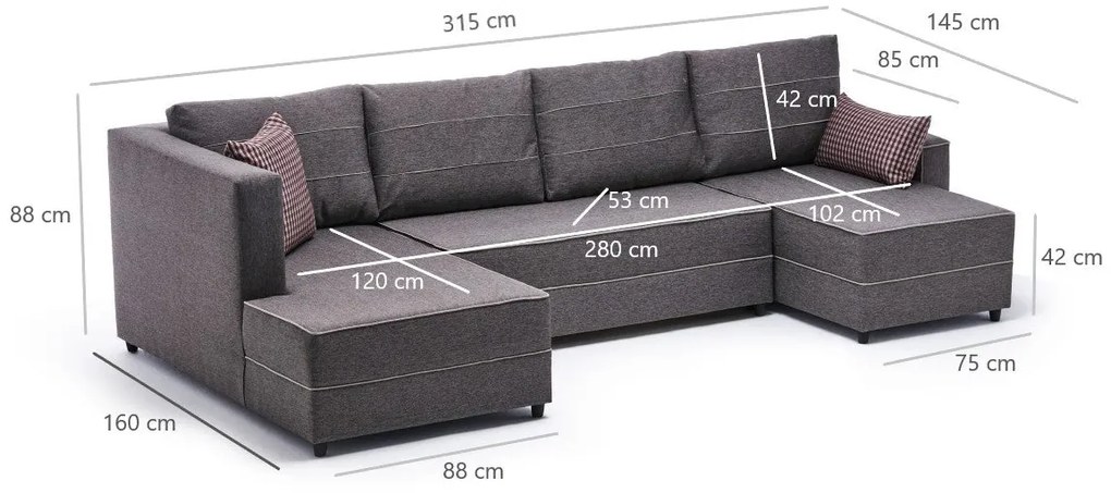 Sofá-cama de canto Ece – Castanho – 315x88x160 cm