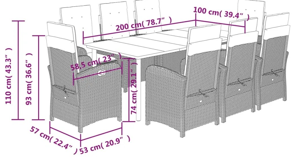 9 pcs conj. jantar jardim c/ almofadões vime PE bege misturado
