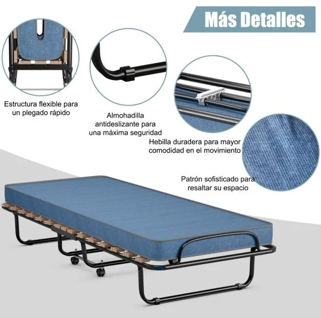 Cama dobrável com colchão Cama de hóspedes portátil com rodas em espuma de memória Estrutura de aço 190 x 80 x 33 cm Azul