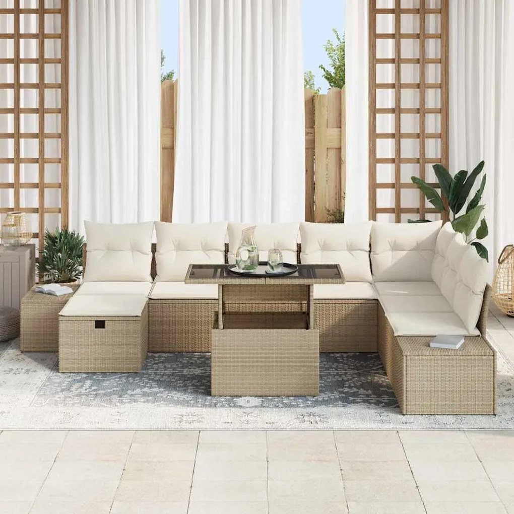 Conjunto de Sofá de Jardim 9 Peças com Almofadas Bege em Rattan Sintét