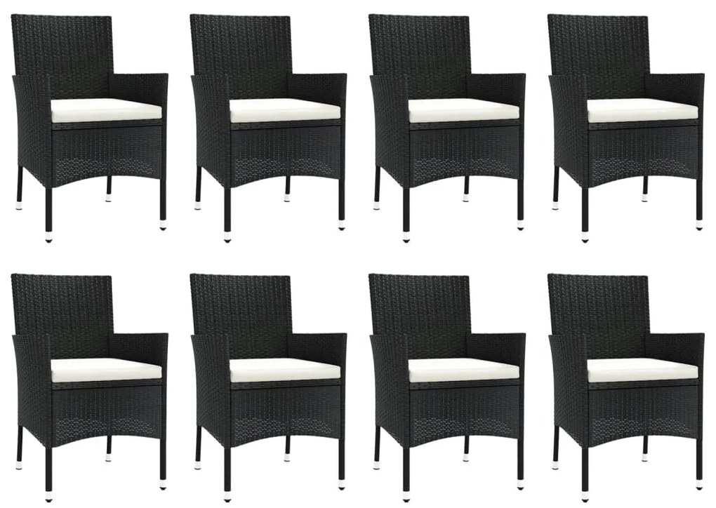 9 pcs conjunto de jantar p/ jardim c/ almofadões vime PE preto