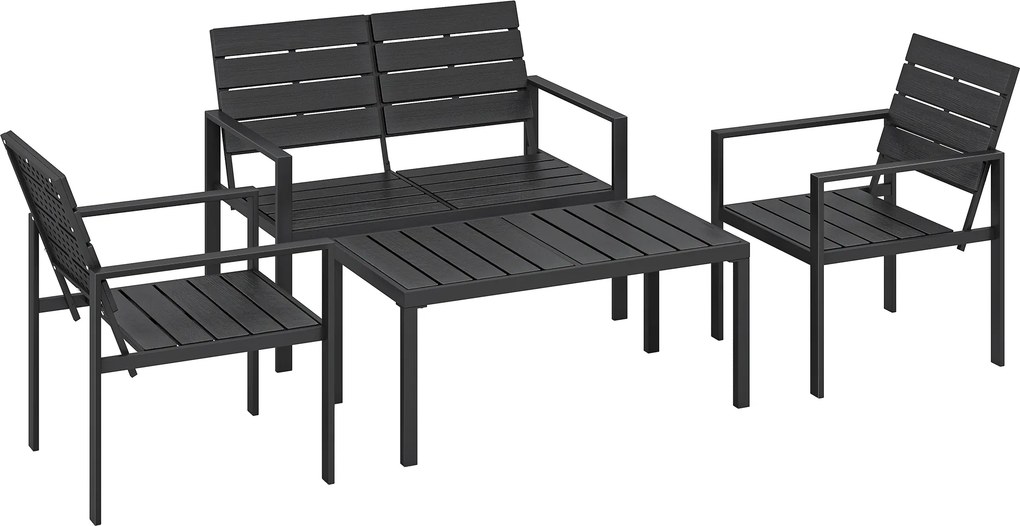 Conjunto de Móveis de Jardim para 4 Pessoas Sofá de 2 Lugares 2 Cadeiras e Mesa de Centro Preto