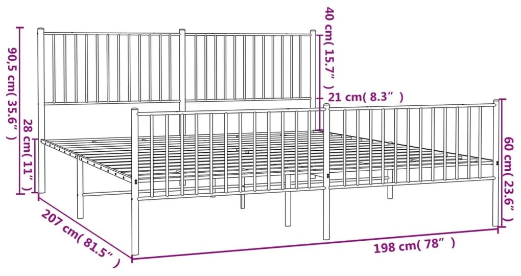 Estrutura de cama com cabeceira e pés 193x203 cm metal branco