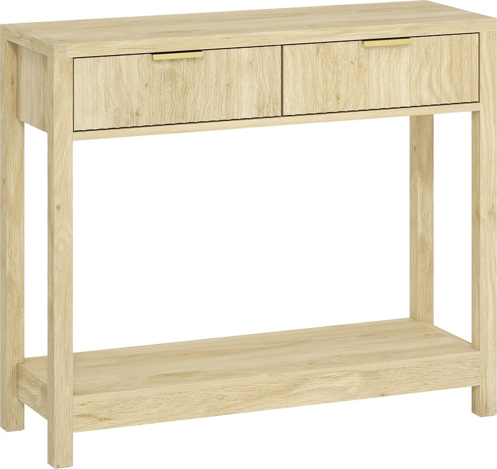 HOMCOM Móvel consola 90 cm, mesa consola estreita com 2 gavetas ranhuradas e prateleira, estilo moderno, madeira natural | Aosom Portugal