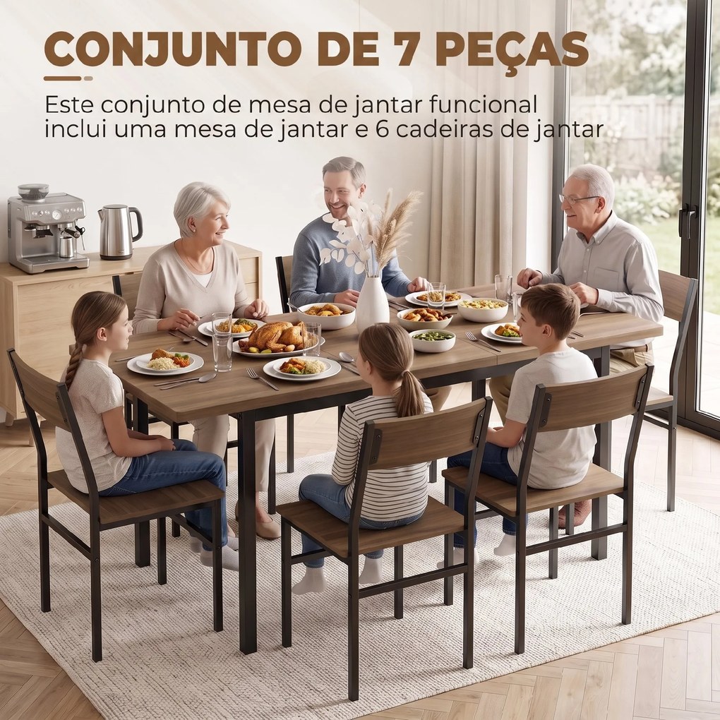 Conjunto de Mesa de Jantar Extensível 120-160 cm e 6 Cadeiras Empilháveis para 4-6 Pessoas Castanho Efeito Madeira