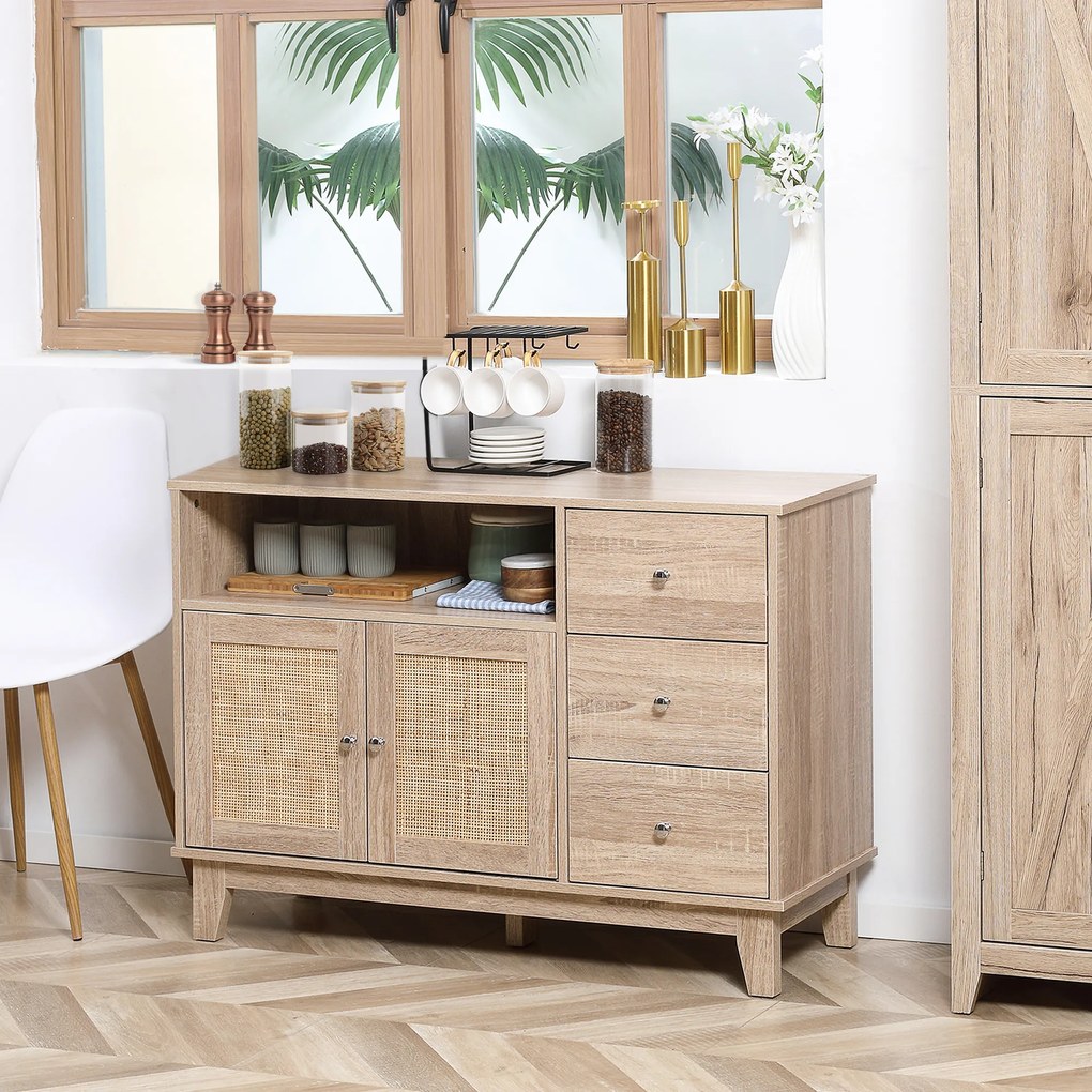 HOMCOM Aparador de Cozinha com 2 Portas de Vime 3 Gavetas e Prateleira Aberta Móvel Buffet Auxiliar para Sala de Jantar Anti-Tombo 110x40x76cm Carvalho