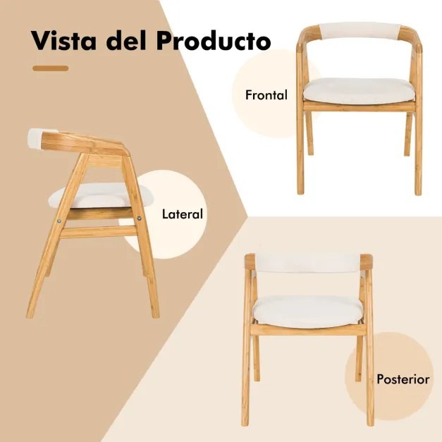 Cadeira de Lazer em Bambu Cadeira de Jantar com Almofada Penteadeira com Encosto Curvo Poltrona para Sala Quarto 54 x 54 x 73 cm Natural