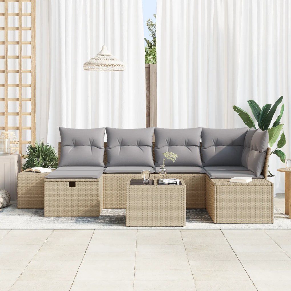 Conjunto de Sofá de Jardim de 7 Peças com Almofadas Bege Poliratan
