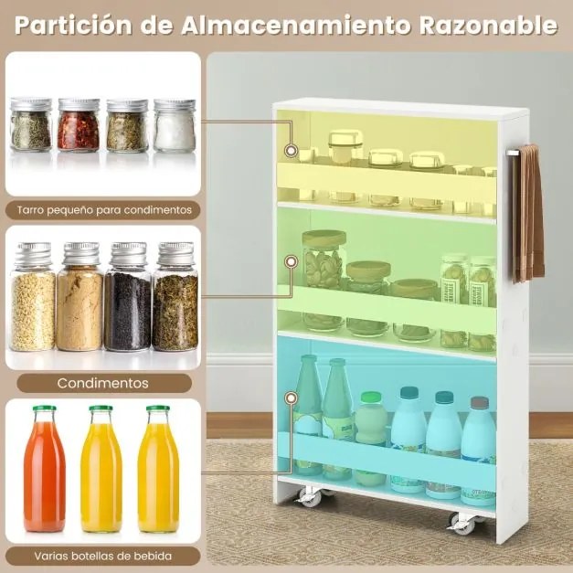 Carrinho de armazenamento estreito para cozinha com 4 prateleiras e rodas 48 x 13 x 81 cm Branco
