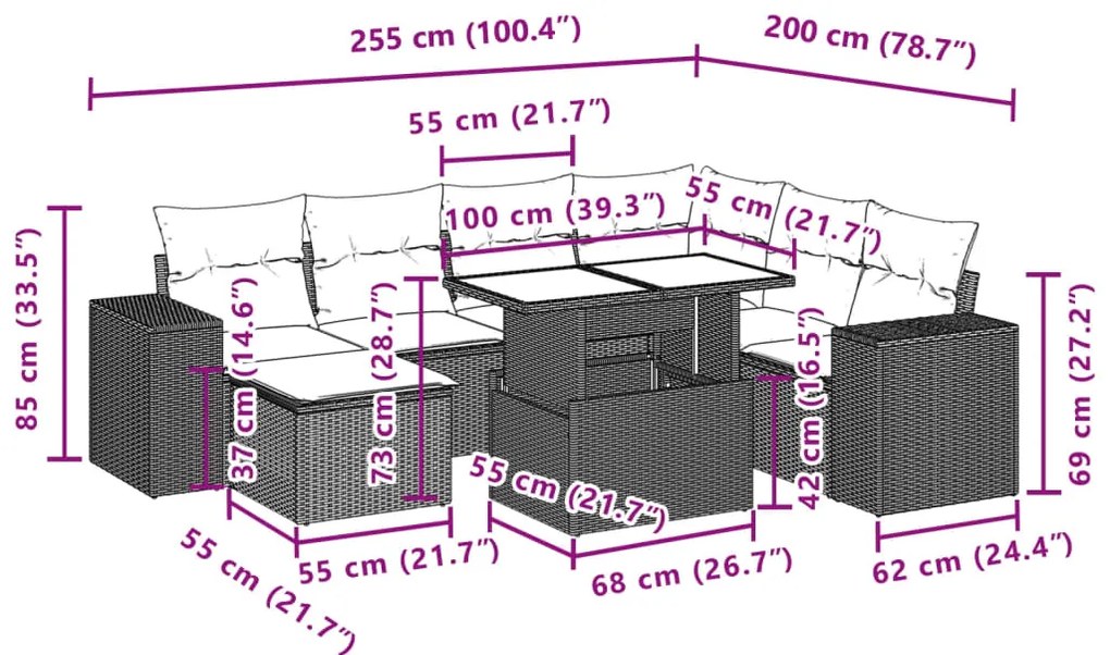 8 pcs conjunto de sofás p/ jardim com almofadões vime PE bege