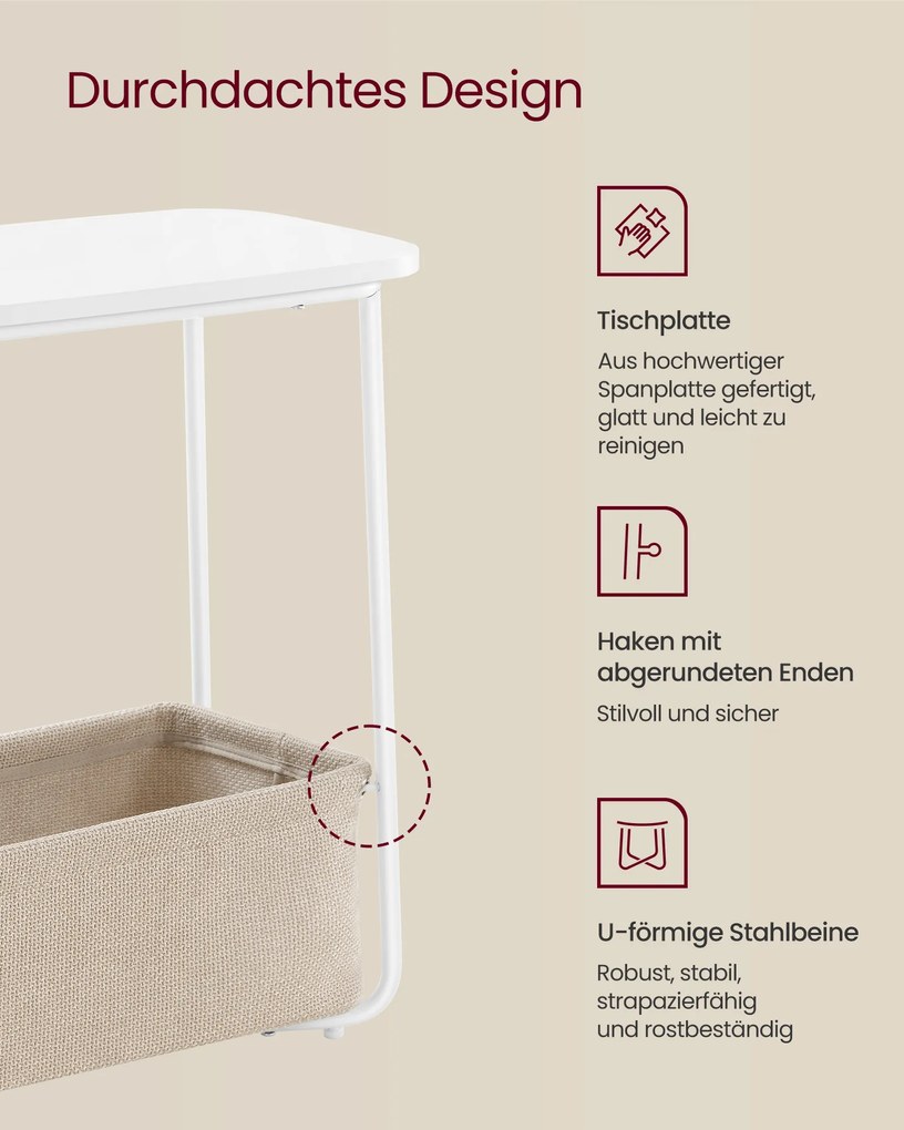 Mesa de apoio com cesto em tecido 30 x 60 x 60 cm branco mate-castanho