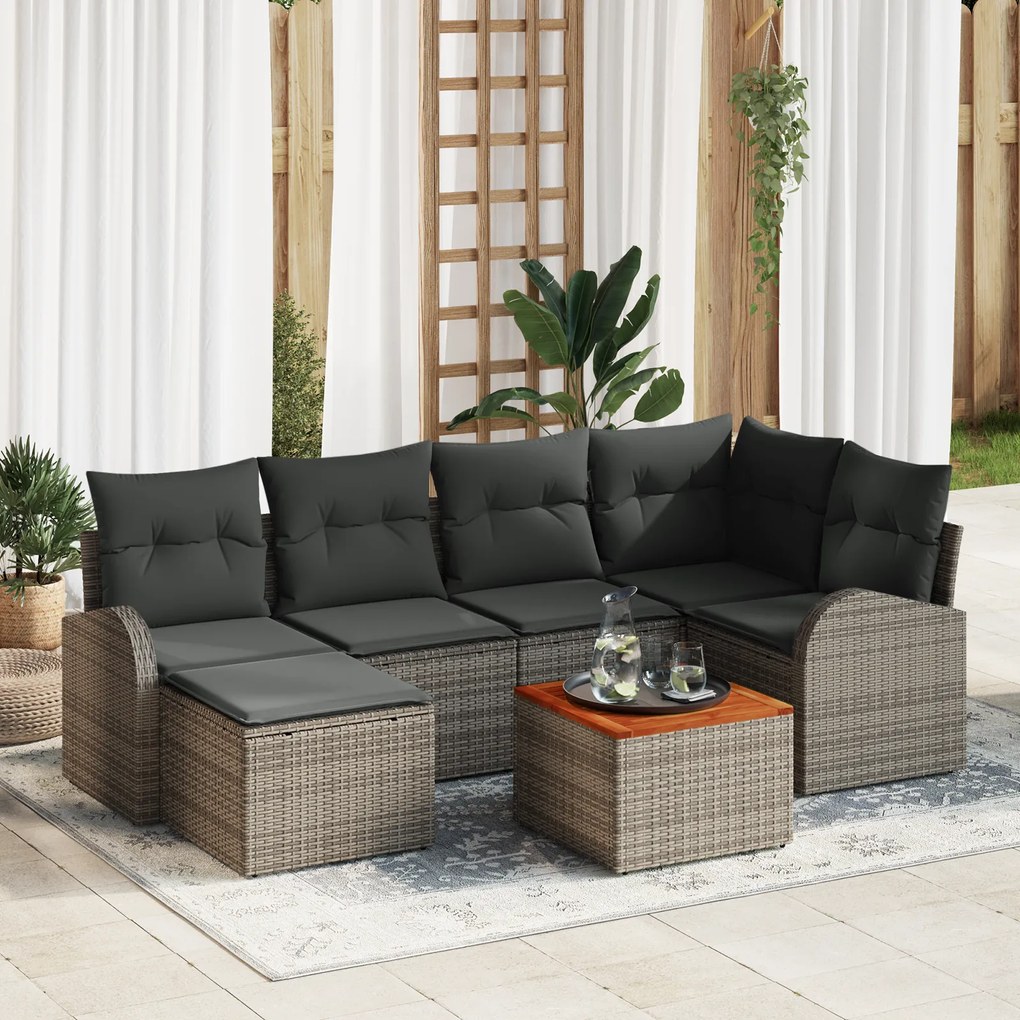 Conjunto de Sofá de Jardim com 7 Peças e Almofadas Cinza de Rattan de