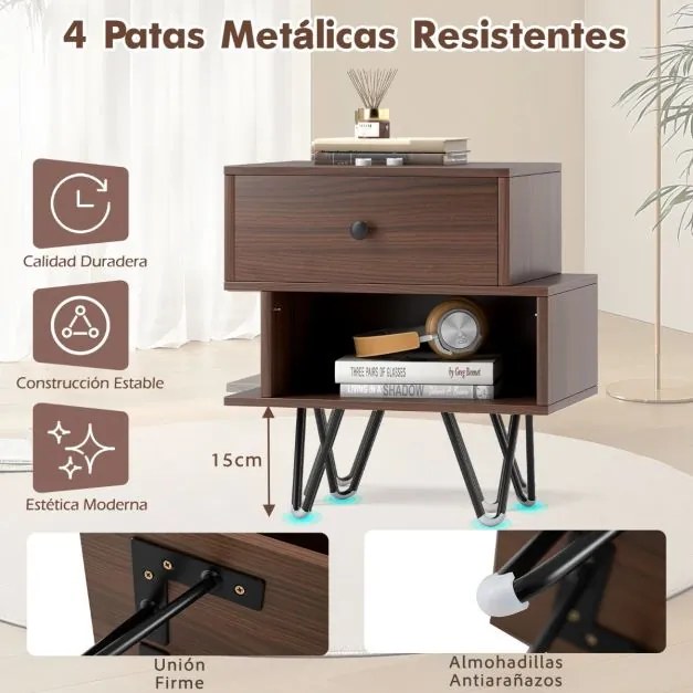 Conjunto de 2 mesas de cabeceira com gaveta removível e compartimento aberto 44 x 29 x 47 cm cor nogueira