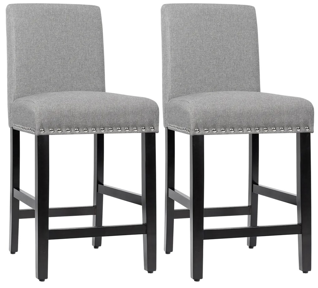 Conjunto de 2 bancos de bar em altura de balcão com pernas de madeira em tecido de linho respirável para cozinha 42,5 x 53 x 96 cm Cinzento