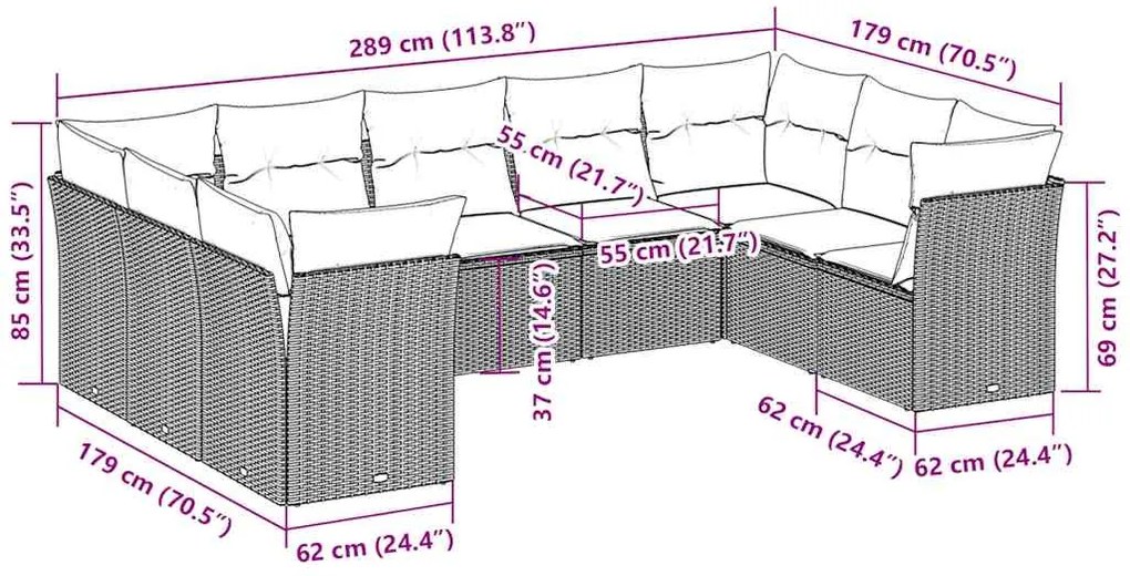 9 pcs conj. sofás jardim com almofadões vime PE cinzento-claro