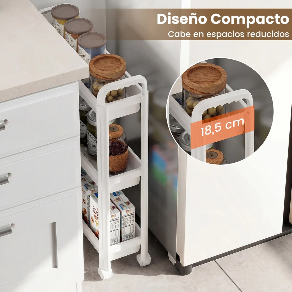 Carrinho estreito de 3 níveis com rodas e pegas54×18,5×76 cm Organizador móvel para cozinha, casa de banho, lavandaria e escritório Branco