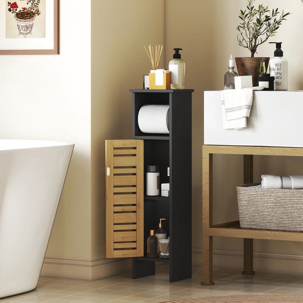 Móvel de casa de banho 21 L x 17 P x 78 A cm com suporte para papel higiénico, barra amovível, 3 níveis + saída para o papel, 78 cm de altura, bambu p