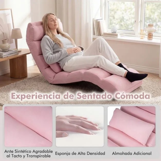 Poltrona dobrável ao nível do chão, sofá almofadado e revestido a imitação de camurça, ajustável em 5 posições, com apoio para as costas Rosa