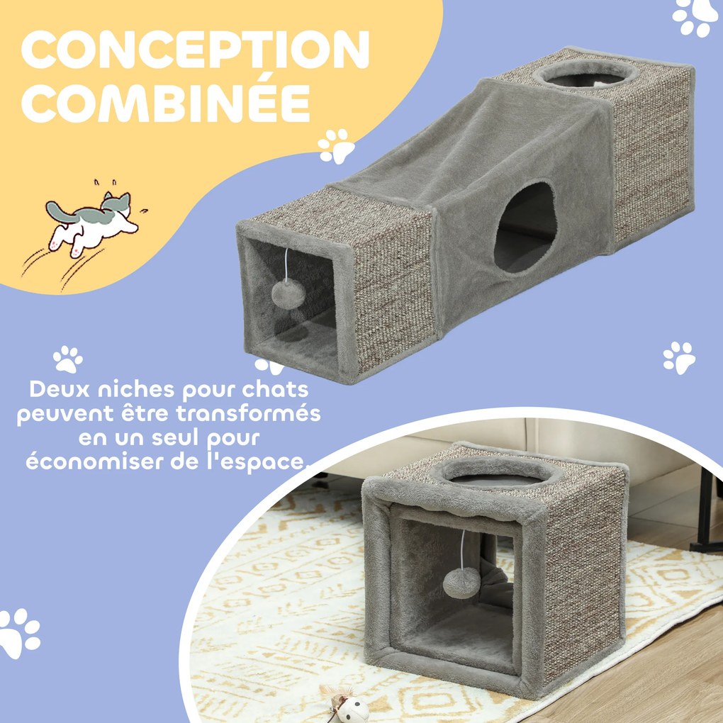 Túnel para gatos de interior, brinquedos para gatos com bola suspensa, várias entradas, em sisal, 98 x 30 x 30 cm, cinzento