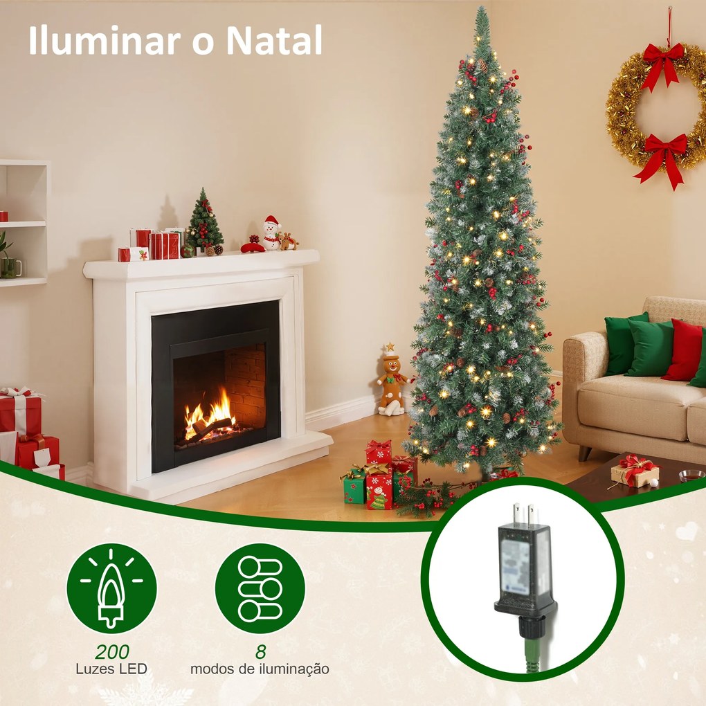 Árvore de Natal Slim 180 cm com Luzes LED 8 Modos de Iluminação 461 Ramos com Purpurina Prateada Pinhas e Bagas Verde