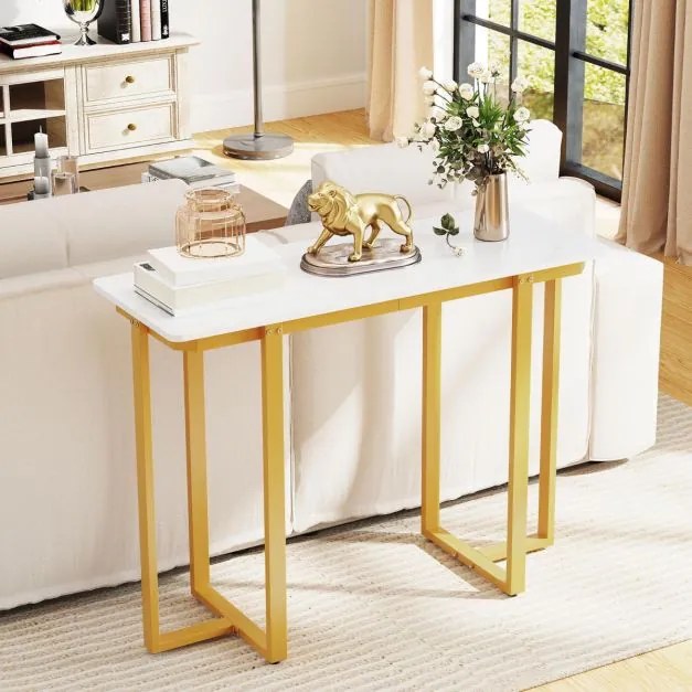 Mesa Consola Mesa de Entrada Moderna em Mármore Artificial 107 x 40 x 79,5 cm Branco e Dourado