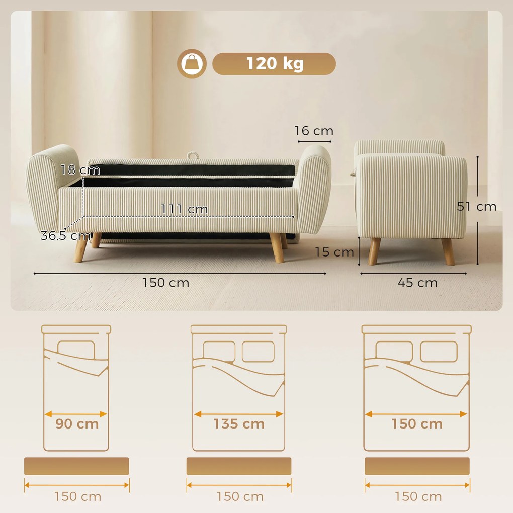 Banco com espaço de arrumação de 73 L, 150 x 45 x 51 cm baú de arrumação almofadado em veludo canelado com braços e pés em madeira de seringueira, beg