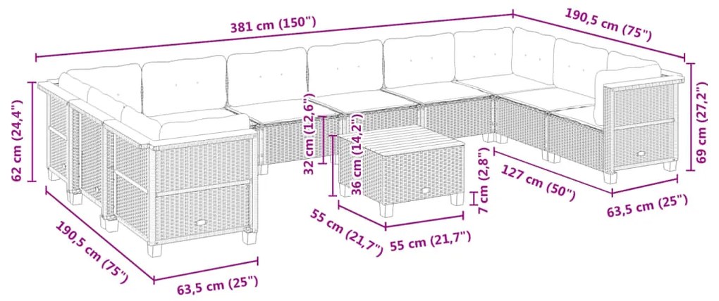 11 pcs conjunto sofás de jardim c/ almofadões vime PE preto