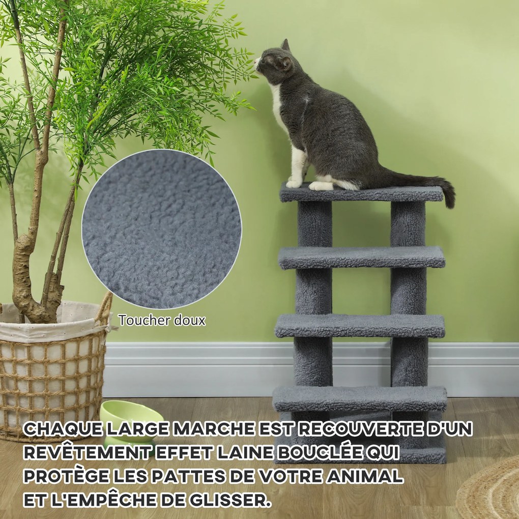 Escada para animais de estimação com 4 degraus, revestimento com efeito de lã felpuda, 61 x 41 x 60 cm, cinzenta