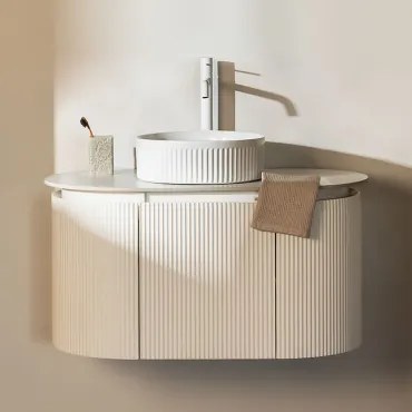 Conjunto De Móvel De Casa De Banho Suspenso Em Madeira Carsone Branco & Sem Unidade Auxiliar & Cerâmica Redonda Riscas Brancas Ø36 Cm - Sklum