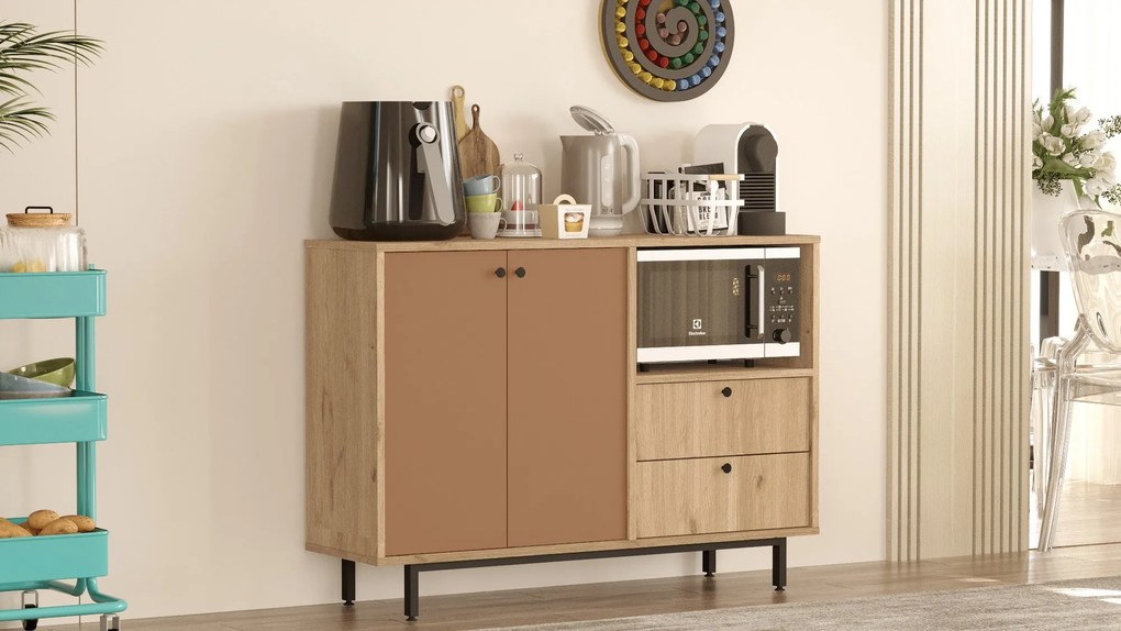 Aparador de cozinha "Toledo" - Carvalho e Nogueira Vermelho - 120x85x3