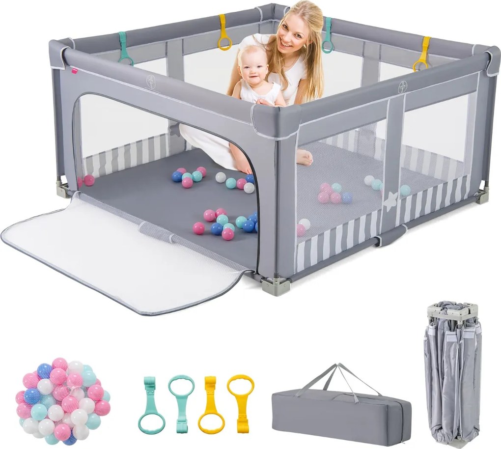 Parque infantil para bebés 127 x 127 x 72,5 cm. com 50 bolas oceânicas e 4 pegas, com porta com fecho de correr para 0-3 anos. Cinza escuro