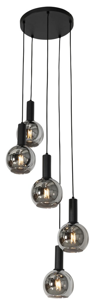 Candeeiro de suspensão Art Déco preto com vidro fumê redondo 5 luzes - Josje Art Deco
