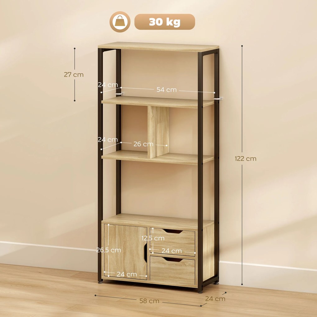 Estante de estilo industrial com 3 prateleiras, porta e 2 gavetas, 58 x 24 x 122 cm, com acabamento em madeira natural e aço preto