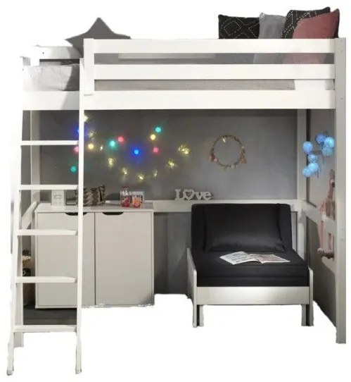Cama alta de Criança PINO 140 x 200 cm + estrado + escada + armário com 2 portas + sofá-cama Branca