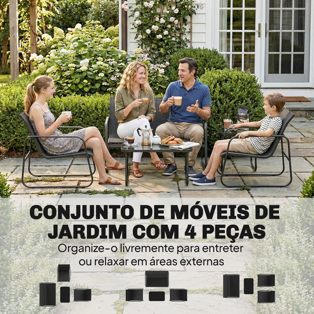 Conjunto Jardim de 4 Peças com Sofá de 2 Lugares 2 Poltronas Mesa de Vidro Temperado Tecido Textilene Respirável Cinza Escuro