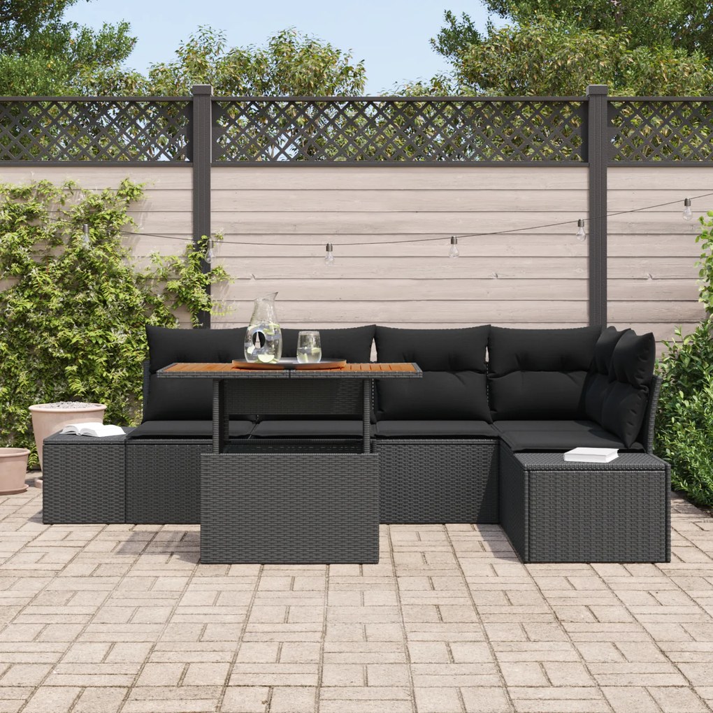 Conjunto de Sofá de Jardim com 6 Peças e Almofadas em Vime Preto
