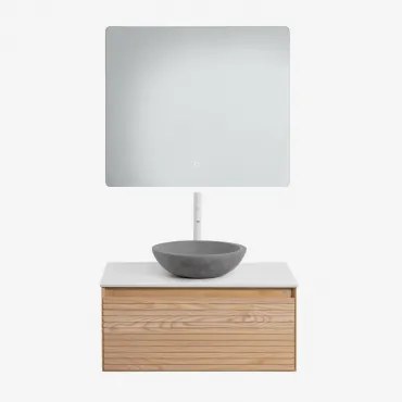 Conjunto De Móvel De Casa De Banho Suspenso Em Madeira De Freixo Tedrik Castanho Fresno & Cimento Cinzento Redondo Ø40 Cm Tarsis & Led - Sklum