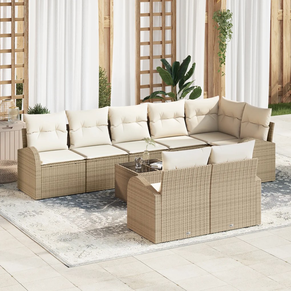 Conjunto de Sofá de Jardim 9 Peças com Almofadas Bege Vime PE