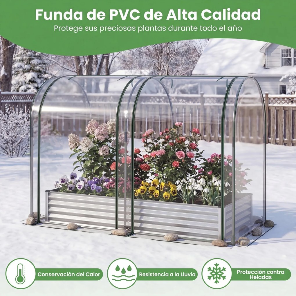 Estufa urbana 180 x 90 x 30 cm com estufa de PVC transparente, floreira de metal galvanizado, 2 janelas enroláveis, floreira coberta , prateado